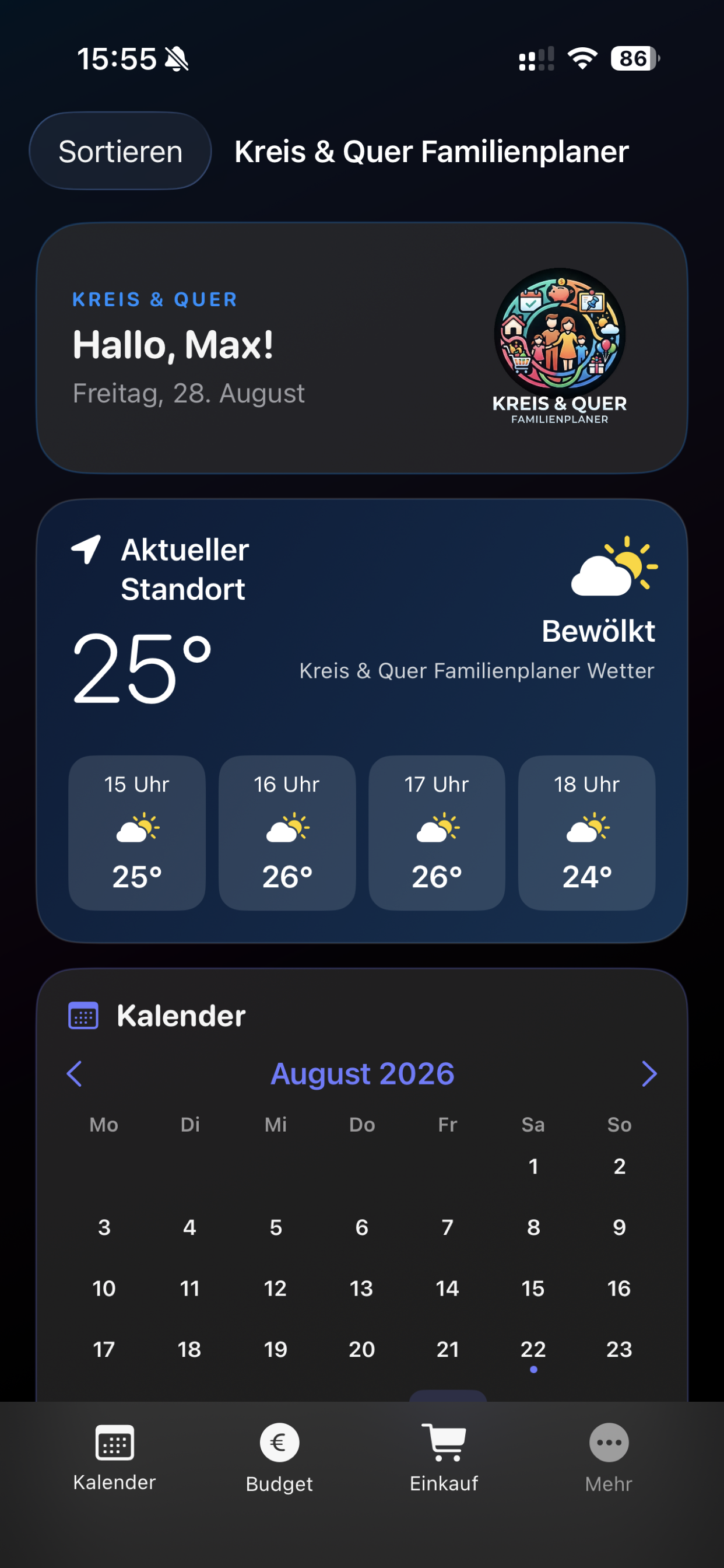 Dashboard von Kreis & Quer mit Wetter und Kalender