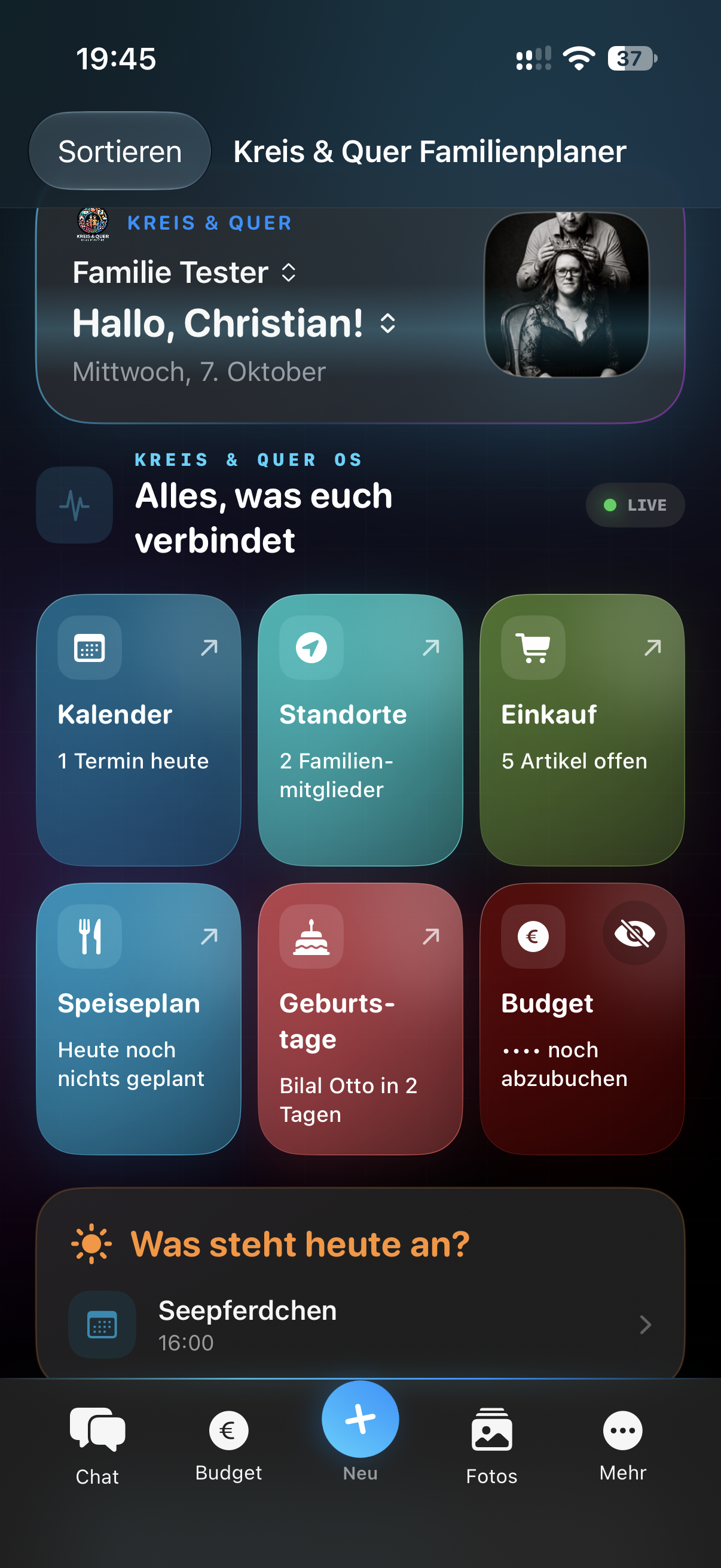 Dashboard der Familie Tester im Kreis und Quer Familienplaner
