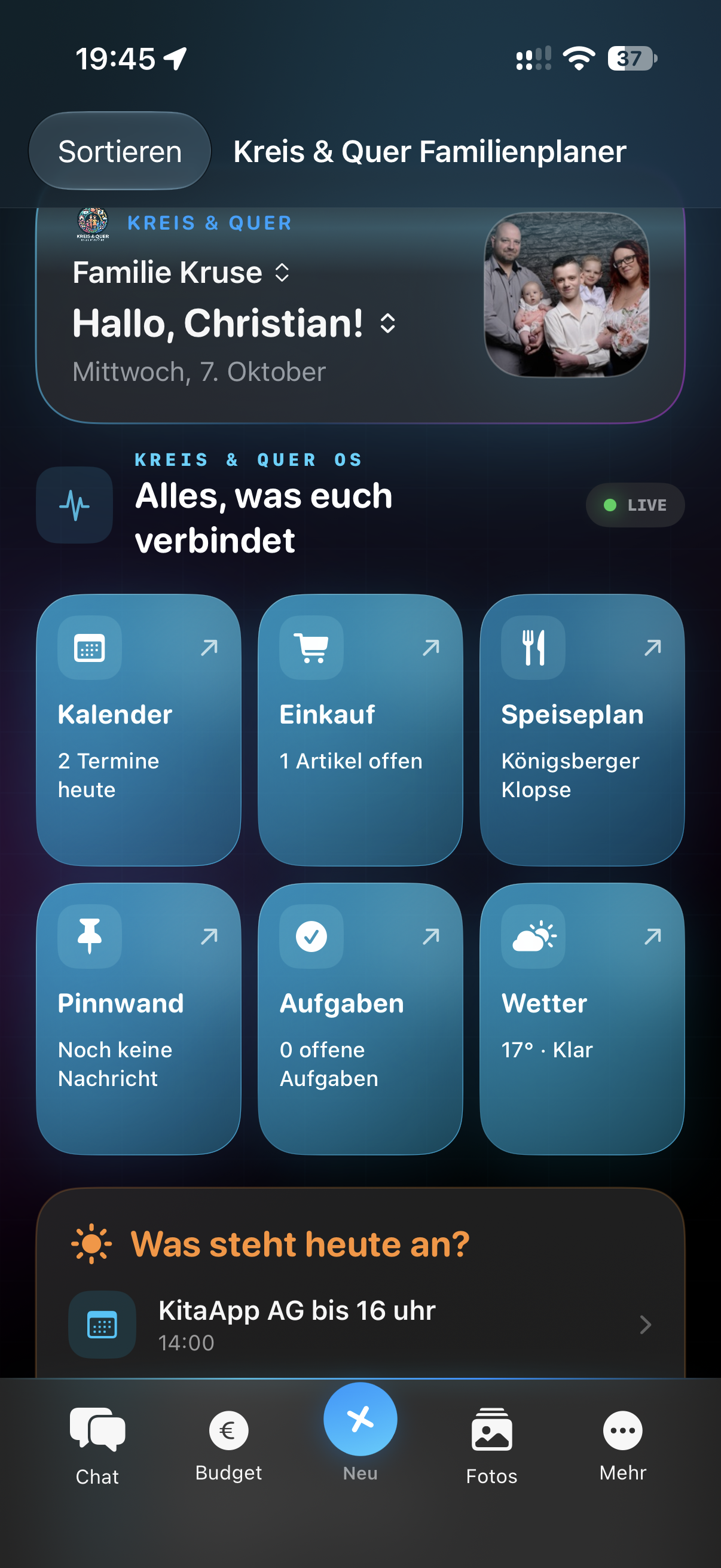 Dashboard der Familie Kruse im Kreis und Quer Familienplaner